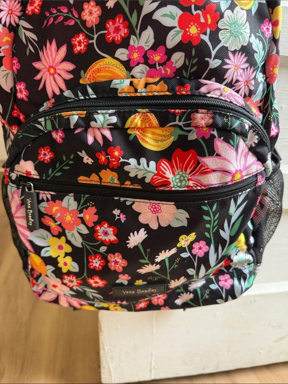 Vera Bradley Black Floral Print Backpack with Multicolor Blooms